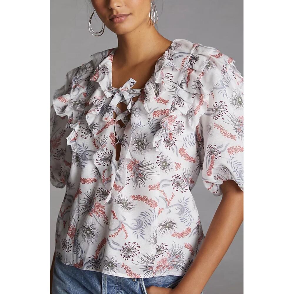 Magali Pascal Patricia Top Cotton Silk Womens XS Floral Ruffle Anthropologie